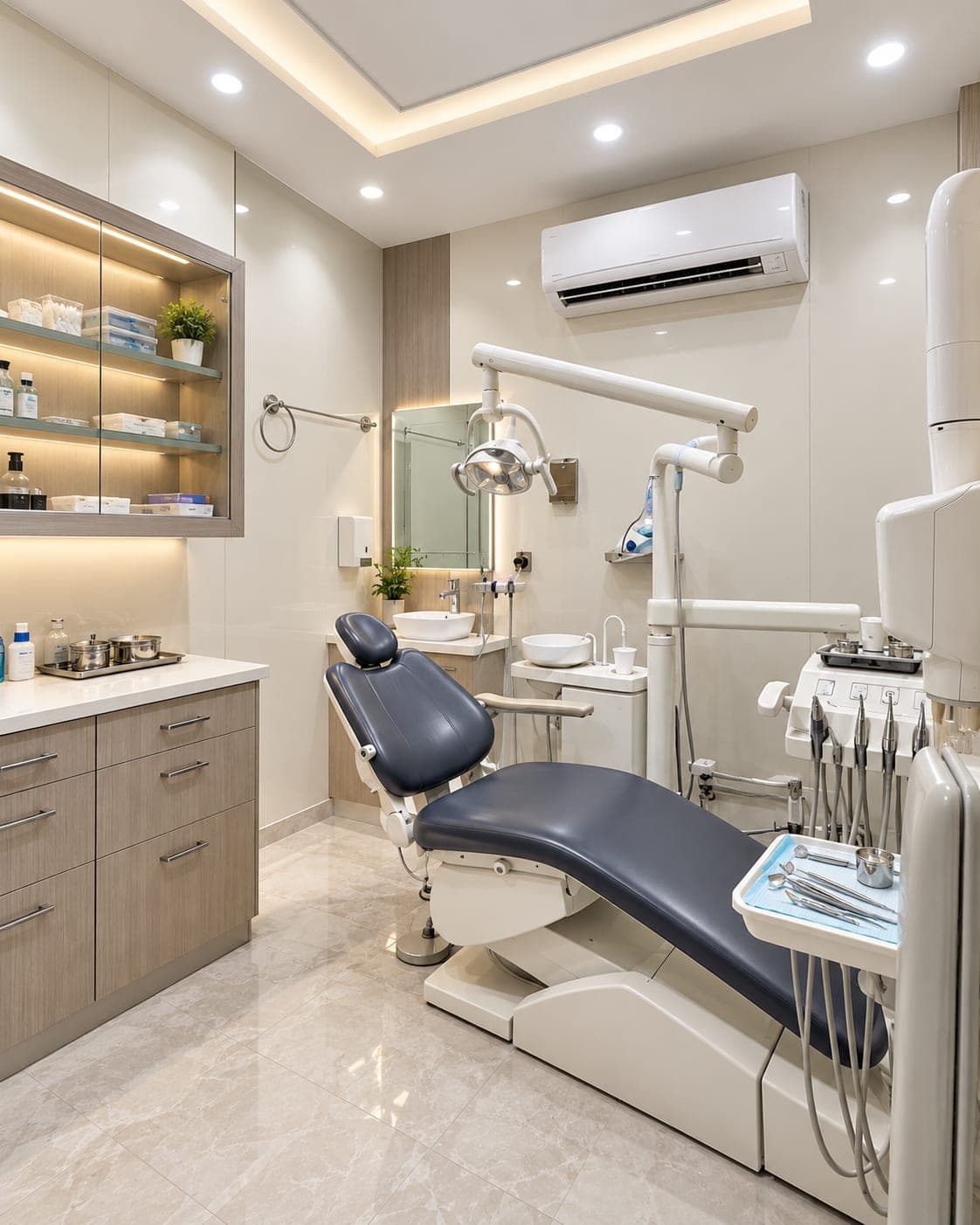 A bright, modern dental treatment room with clean equipment