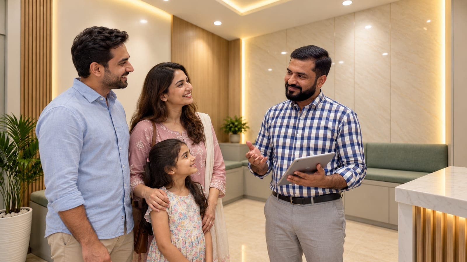 A Pakistani dentist explaining dental care to a smiling family in the clinic